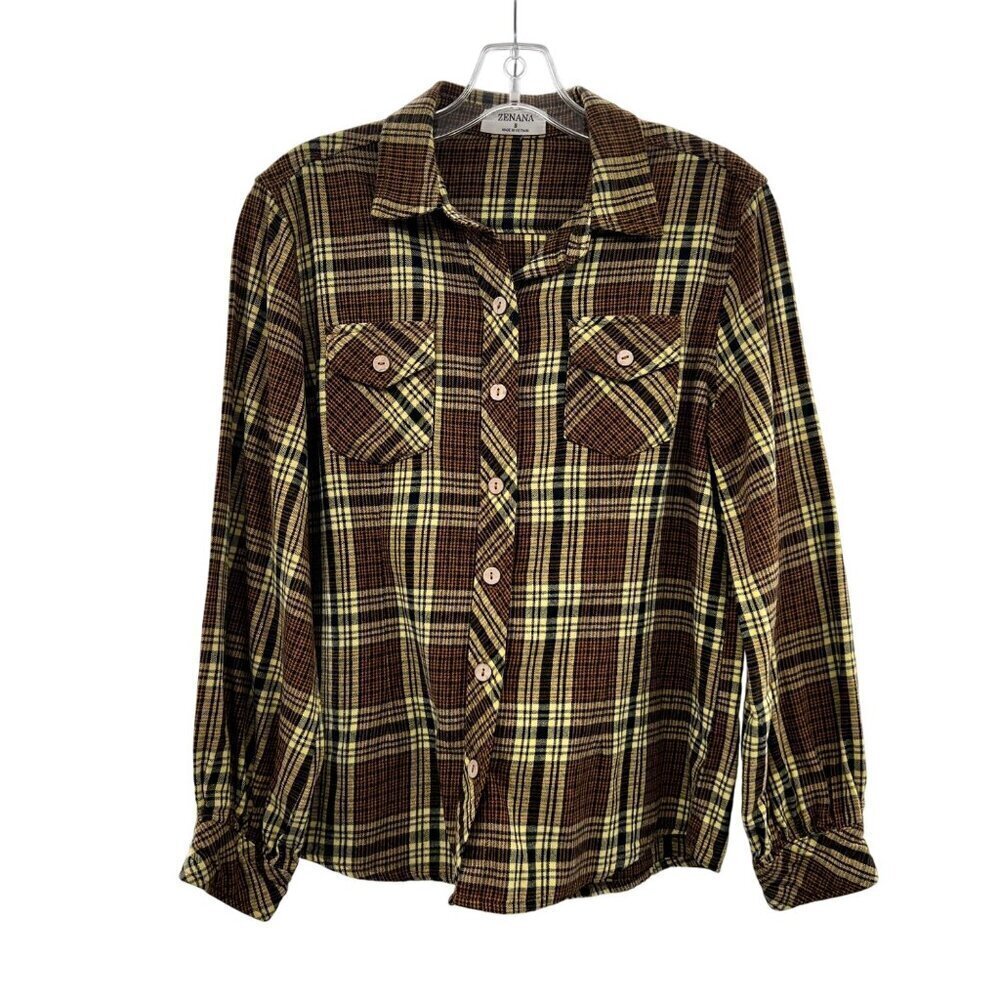 Zenana Women's Plaid Button Up Top Long Sleeve Multicolor Size Small